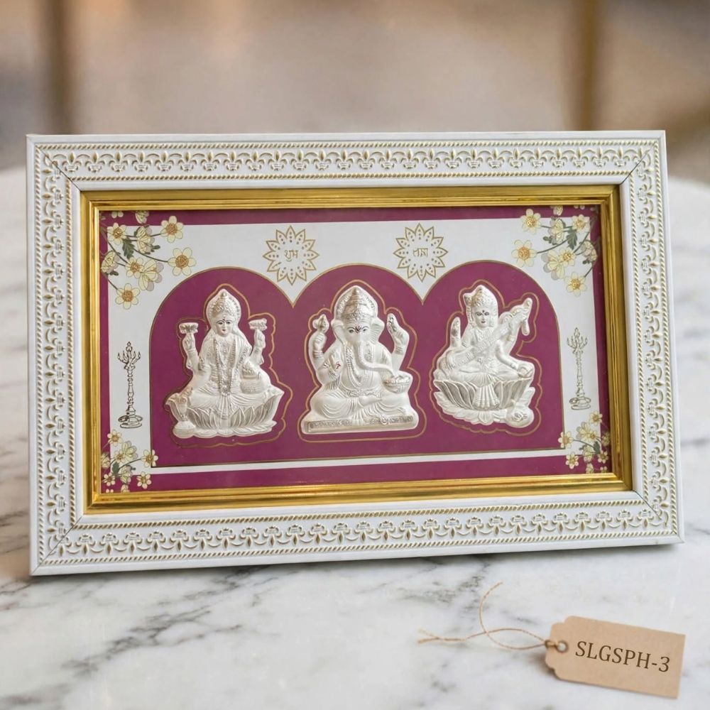 Divine Trinity 999 Silver Plated Laxmi Ganesh Saraswati Photo Frame