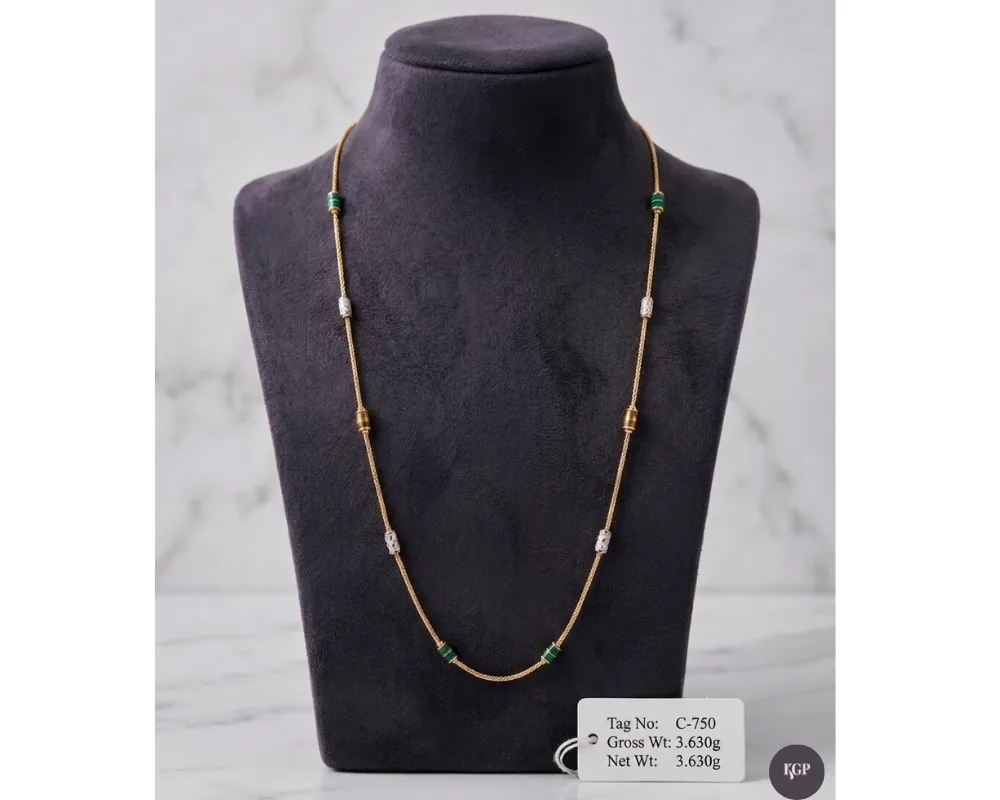 Emerald & Diamond-Pattern Station Gold Chain